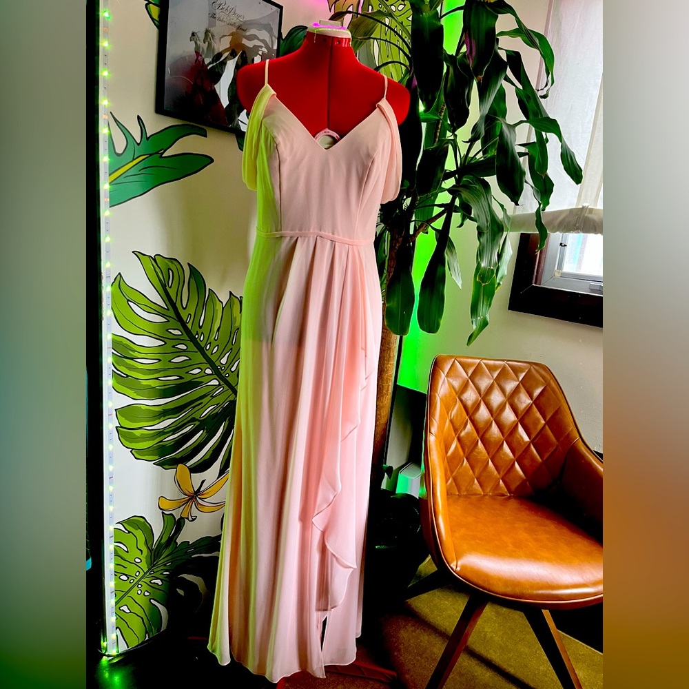 David’s Bridal Chiffon Cascading Off the Shoulder Dress in Petal